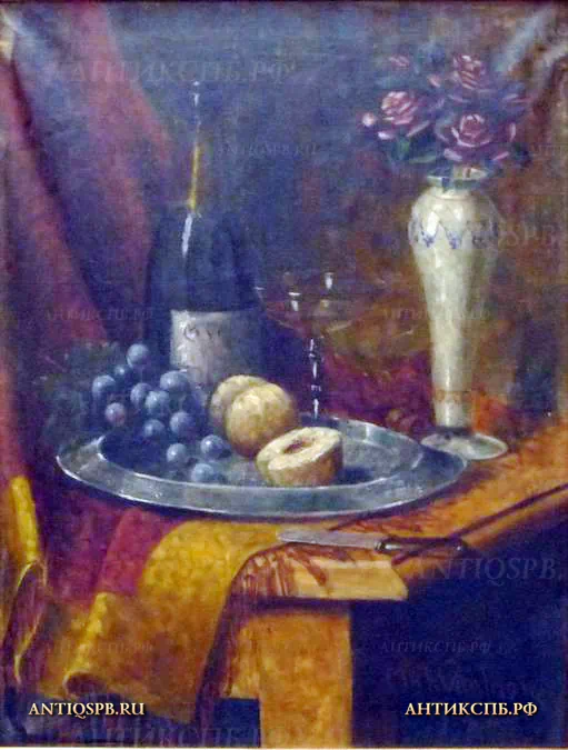 Картина старинная "Натюрморт с фруктами и бутылкой". Холст, масло. 1912 г. Европа. №12349