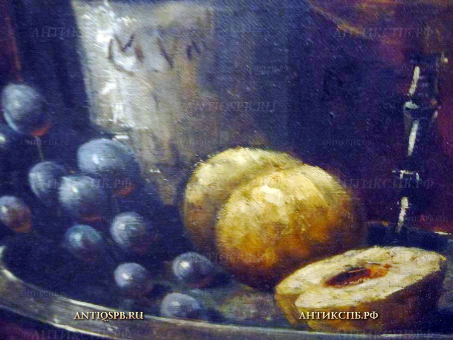 Картина старинная "Натюрморт с фруктами и бутылкой". Холст, масло. 1912 г. Европа. №12349
