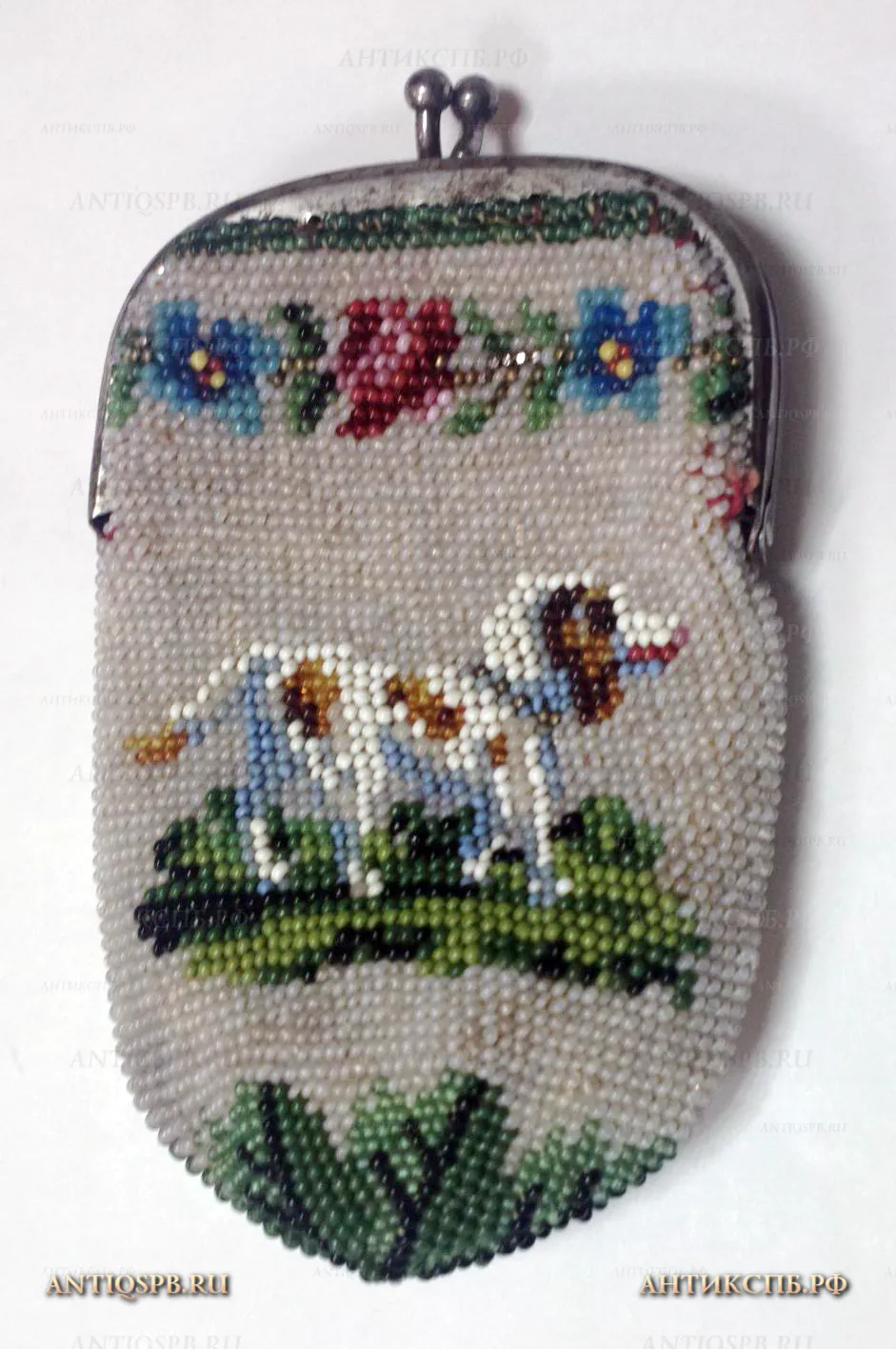 Кошелек бисерный антикварный "Собака, Букет". XIX век. Россия. №16133