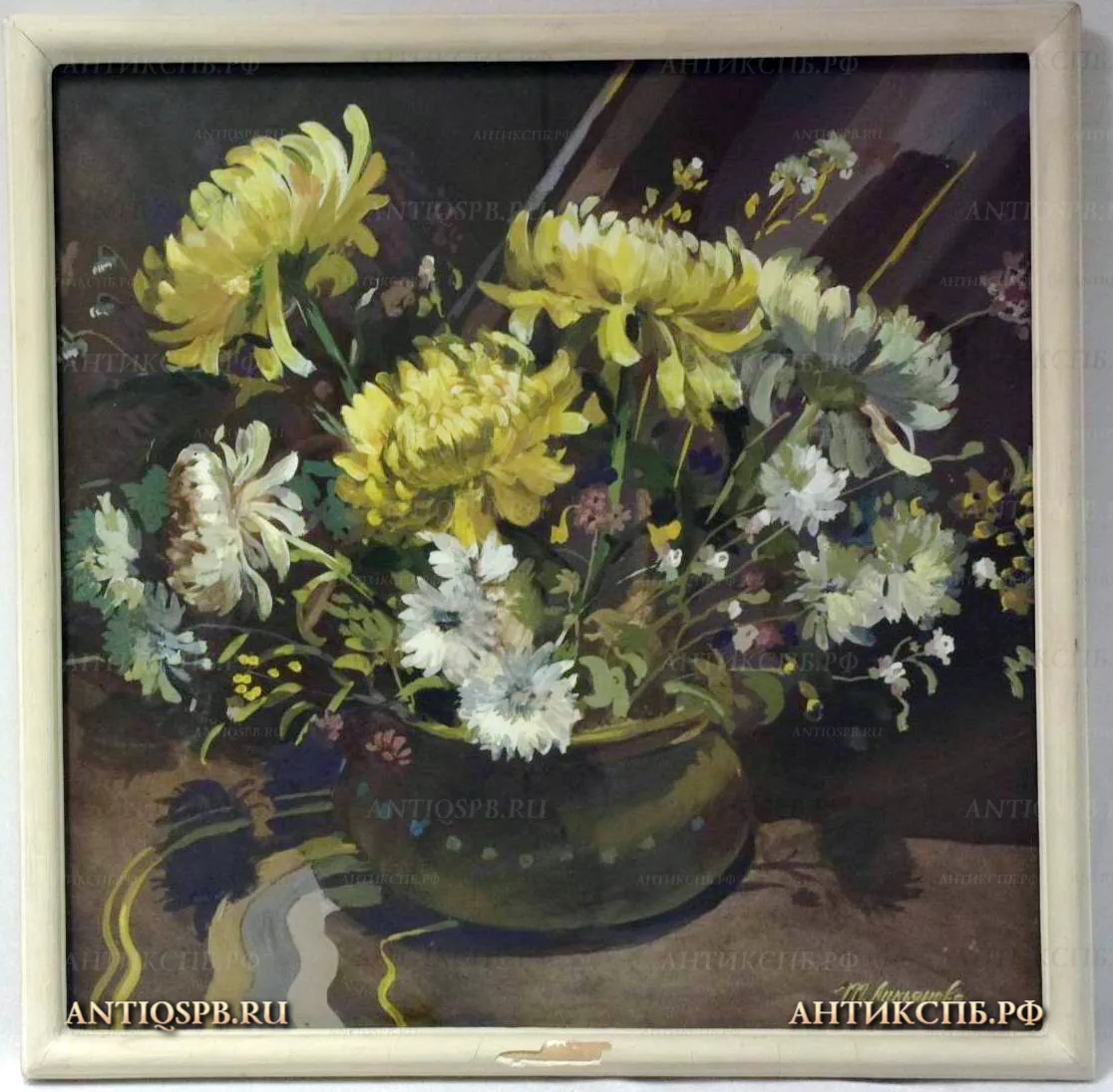 16199. Картина "Хризантемы". Картон, гуашь. 2 пол ХХ в. 