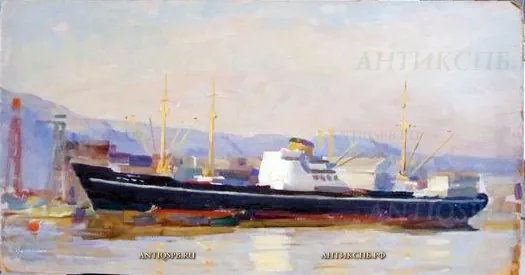 173. Картина "Корабли на рейде". Картон, масло. Худ. Бантиков А.С. СССР. Сер. XX века.