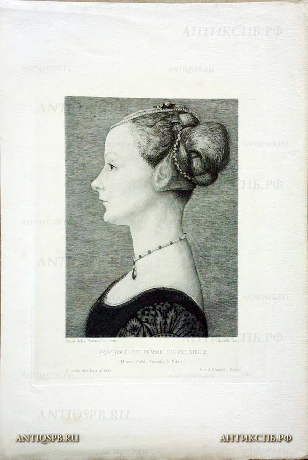 17942. Гравюра с картины Пьеро делла Франческа "Женский портрет". Бумага. ХIХ век. (Цена по запросу)